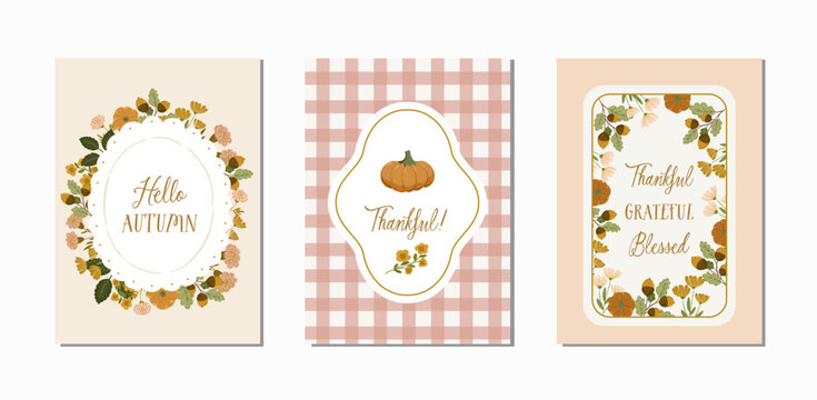Autumn fall set of cozy hand drawn vector cards, posters and backgrounds. Autumn illustration thanksgiving premade greeting card template.Kitchen set