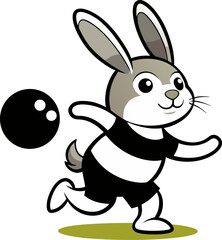 Cartoon rabbit bowling with a black bowling ball in a fun and playful illustration