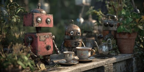 Fototapeta premium Rustic Metal Robots and Vintage Teacups in a Garden Setting