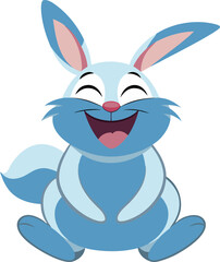 Cheerful blue cartoon rabbit sitting with a big smile on a white isolated background