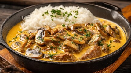 Delicious beef stroganoff with creamy mushroom sauce and fluffy rice in a cast iron skillet