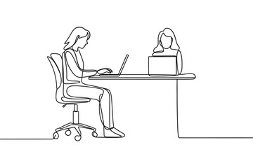 Fototapeta premium Two women working on laptops at desks in a minimalist line drawing