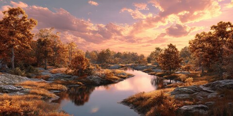 Serene Autumn Landscape Featuring Winding River and Vibrant Orange Sunset