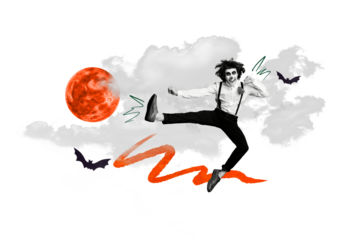 Composite photo collage of happy caballero man jump judo kick bats fly dark night halloween holiday isolated on painted background