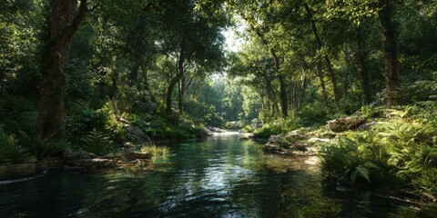 Naklejka premium Serene River Running Through Verdant Forest