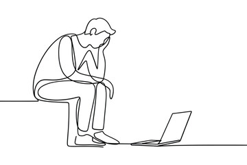 Line art depicting a person sitting with head in hands looking at laptop