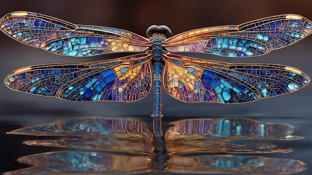 Detailed dragonfly illustration blue gold and brown color palette