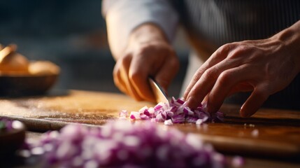 Obraz premium Chopping red onion food preparation