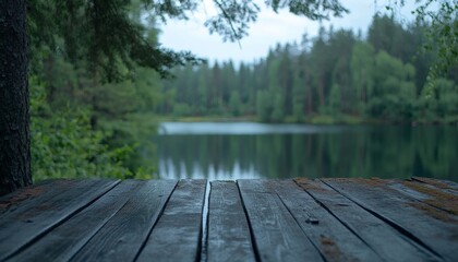 A dark wooden deck extends towards a calm lake, with a blurred background of green trees and foliage reflecting on the still water.