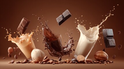 Drinks and chocolate blocks in a brown background, with splashes, beans, and nuts