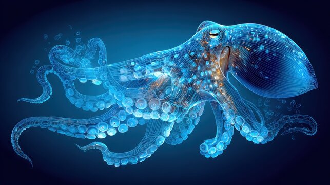 Digital Blue Octopus with Lined Texture on Dark Background