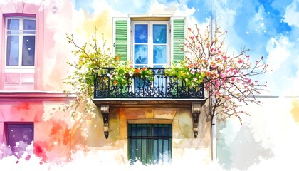 Watercolor cityscape balcony with flowers