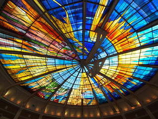 Colorful stained glass dome ceiling with radial pattern