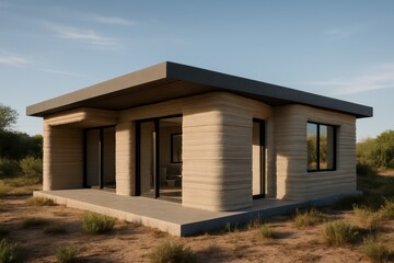 Modern 3d printed house in a sunny rural landscape