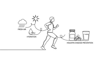 Minimalist One-Line Illustration of Person Exercising Outdoors with Health and Preventive Medicine Icons, Holistic Wellness Vector
