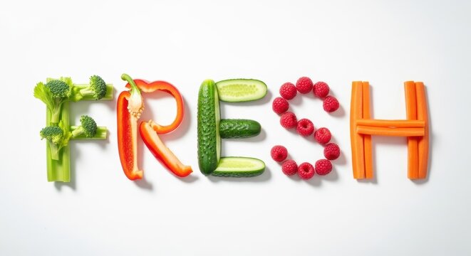 Fresh vegetable and fruit text concept on white background