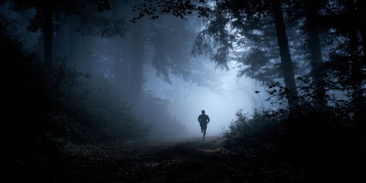 Silhouette of a Runner in a Foggy Dark Forest - Powered by Adobe