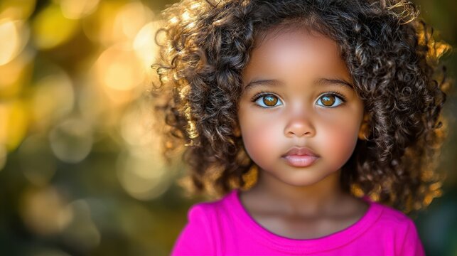 A little girl with brown curly hair and brown eyes, wearing a pink shirt, stares directly at the camera in a soft, natural light setting. She is looking into the distance - Powered by Adobe