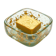 Golden edible glitter dust sprinkled on a clear glass bowl