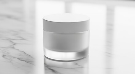 Obraz premium Elegant minimalist frosted glass jar on marble surface for skincare packaging design