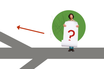 Composite photo collage of shocked man hold paper poster question mark lost way concept arrow direction turn isolated on painted background