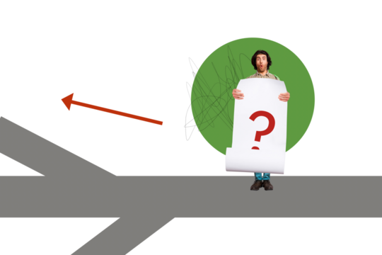 Composite photo collage of shocked man hold paper poster question mark lost way concept arrow direction turn isolated on painted background