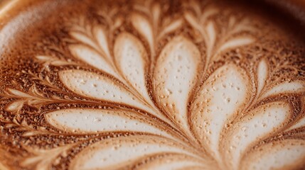 Close up shot of a latte art design featuring a floral pattern in a coffee drink surface