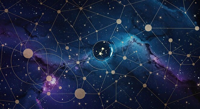 Abstract celestial geometric pattern constellations deep space colors sparkling. 