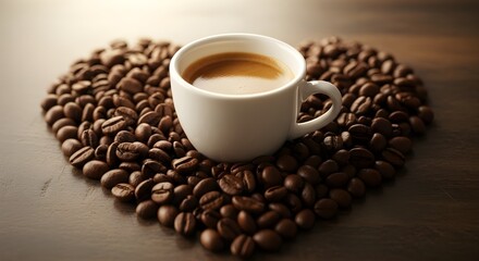 Aromatic coffee cup on heart shape made of coffee beans with soft lighting