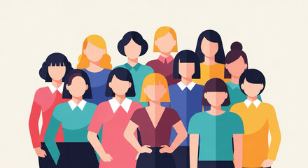 Obraz premium Flat vector of women standing together in unity with diverse colors and shapes.