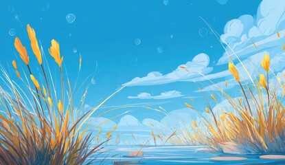 Scenic marsh landscape with reeds and blue sky, bubbles
