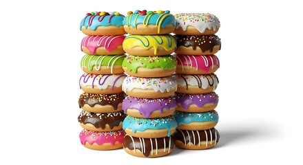 Stack of colorful donuts isolated on white background, sweet and delicious