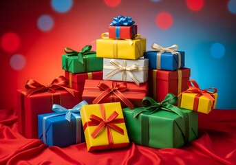 Obraz premium Colorful Gift Boxes Piled High on Red Fabric with Bokeh Lights