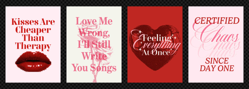 Trendy retro aesthetic poster set with bold love quotes, emotional phrases, halftone collage typography and modern inspired romantic graphic pop art - Powered by Adobe