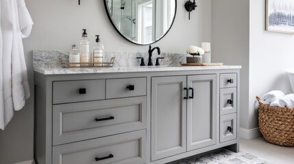 Elegant gray bathroom featuring a marble countertop vanity, round mirror, and woven basket