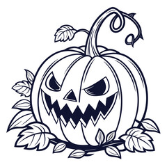 Scary jack o lantern pumpkin with spooky face and leaves