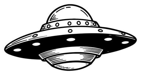 Vintage Flying Saucer UFO Space Ship Black and White Outline Line Art Drawing Old Etching Hand Drawn