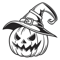 Spooky jack o lantern wearing a witch hat with a grinning face
