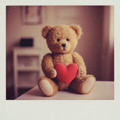 Cute teddy bear holding a heart on a Polaroid photo background