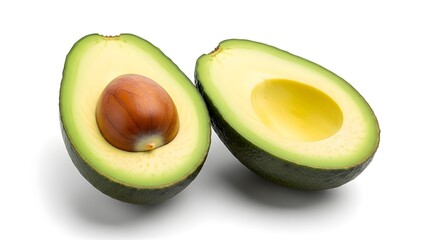 Two avocado halves isolated on white background, one with seed, closeup