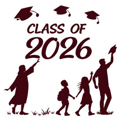Class of 2026 graduation celebration with silhouettes of students and caps