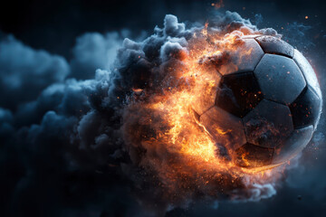 Fototapeta premium Soccer ball engulfed in fiery explosion with smoke and sparks, dynamic sports action concept with intense energy and motion captured in dark background