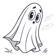 Cute cartoon ghost with big eyes and bats in the background