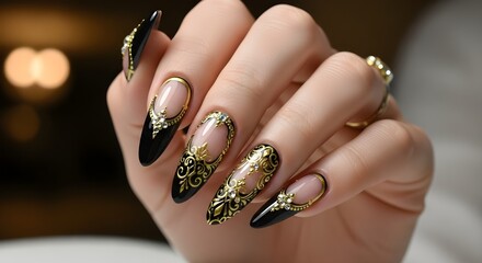 Elegant manicure with black and gold nail art