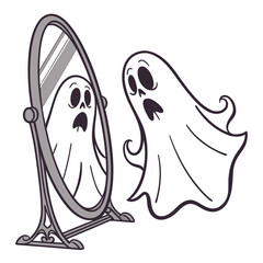 Scared ghost looking in a mirror with shocked reflection