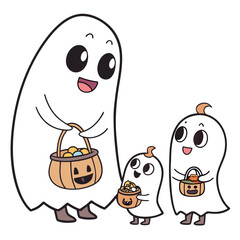 Cute cartoon ghosts with candy baskets celebrating halloween