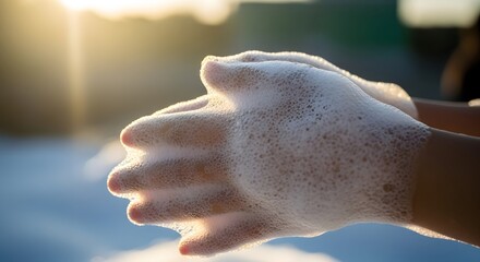 Hands covered in white soapy foam, washing with sunlight in the background, hygiene concept.
