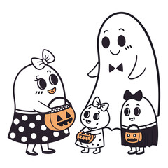 Cute cartoon ghost family trick or treating with pumpkin candy buckets