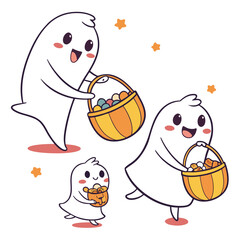 Cute cartoon ghosts collecting candy in baskets for halloween