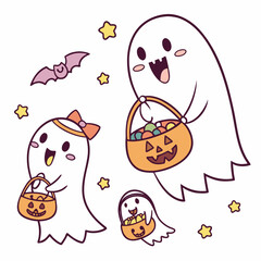 Cute cartoon ghosts with candy baskets and a bat on halloween